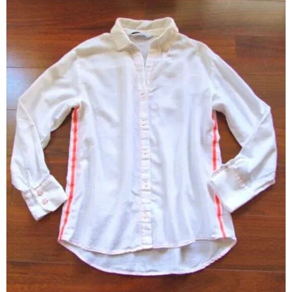 Zara Off White Hot Pink Stitching Button Down Long Sleeve Collared Shirt Large - Picture 1 of 10